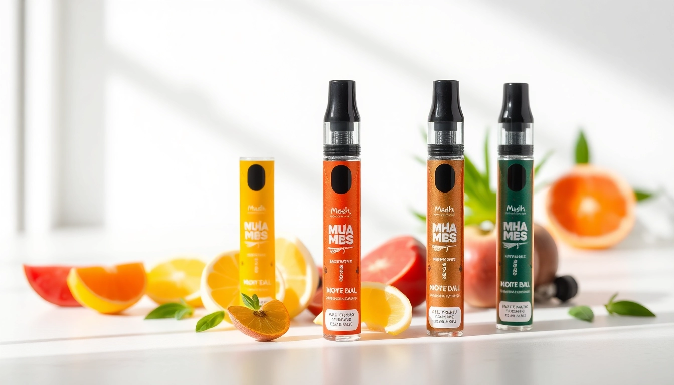 Showcasing Muha Meds Disposables with vibrant flavors, highlighting the sleek design of premium vape pens.