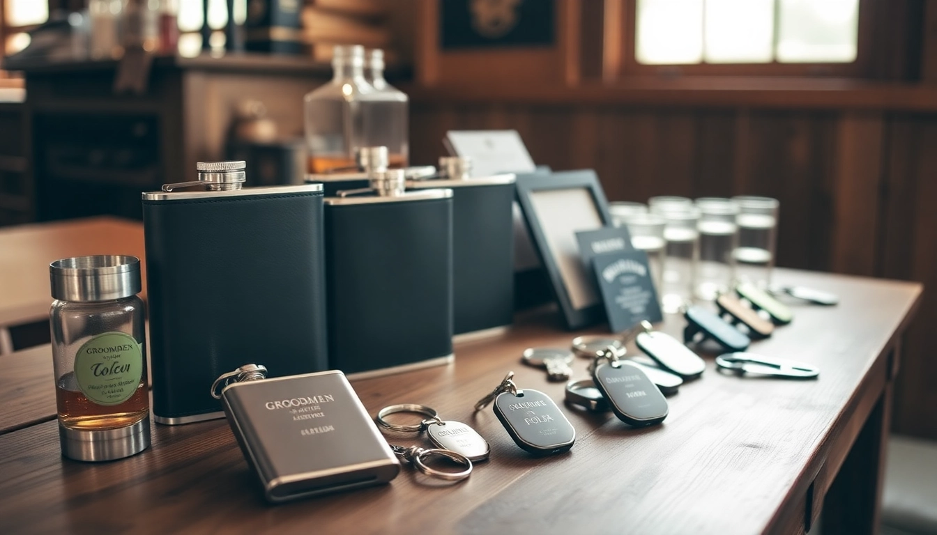 Explore affordable and personalized cheap groomsmen gifts like flasks and keychains displayed beautifully.