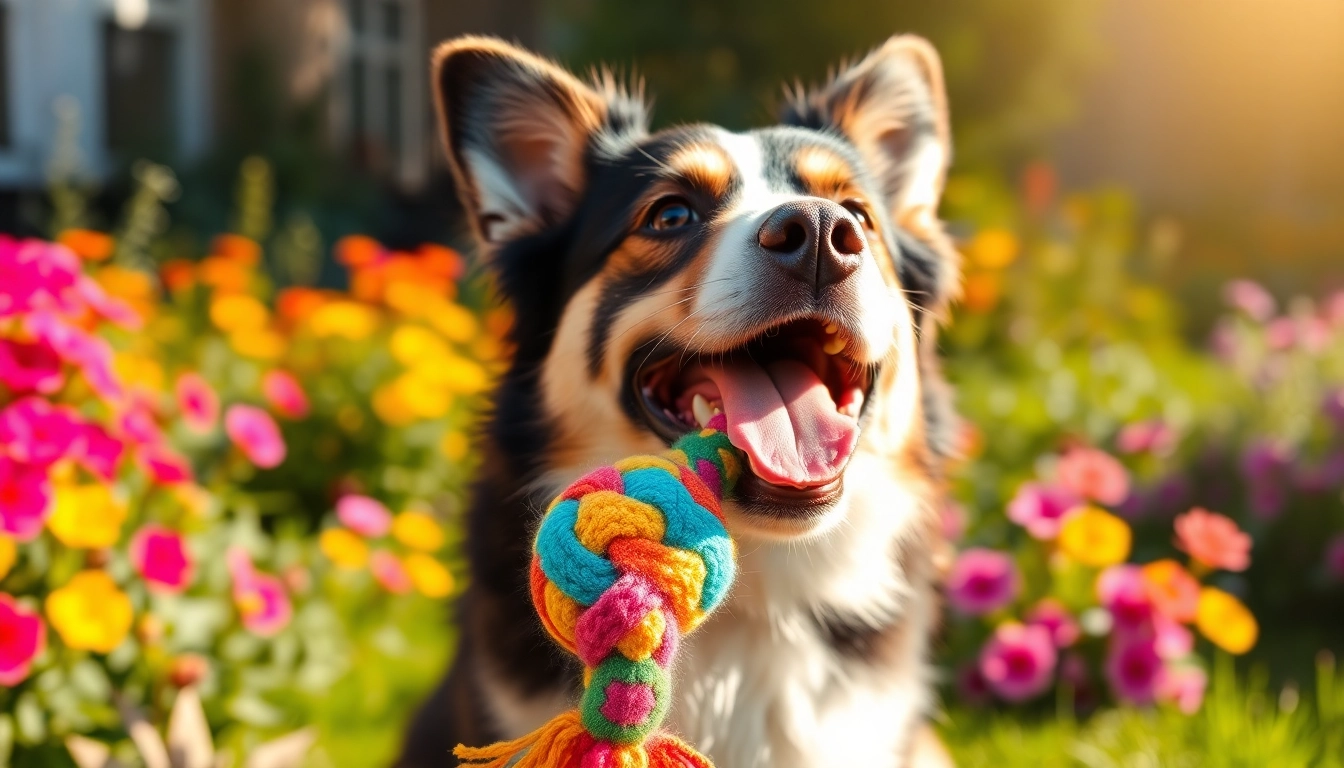 Dog playing with colorful pet toys, showcasing engagement and happiness.