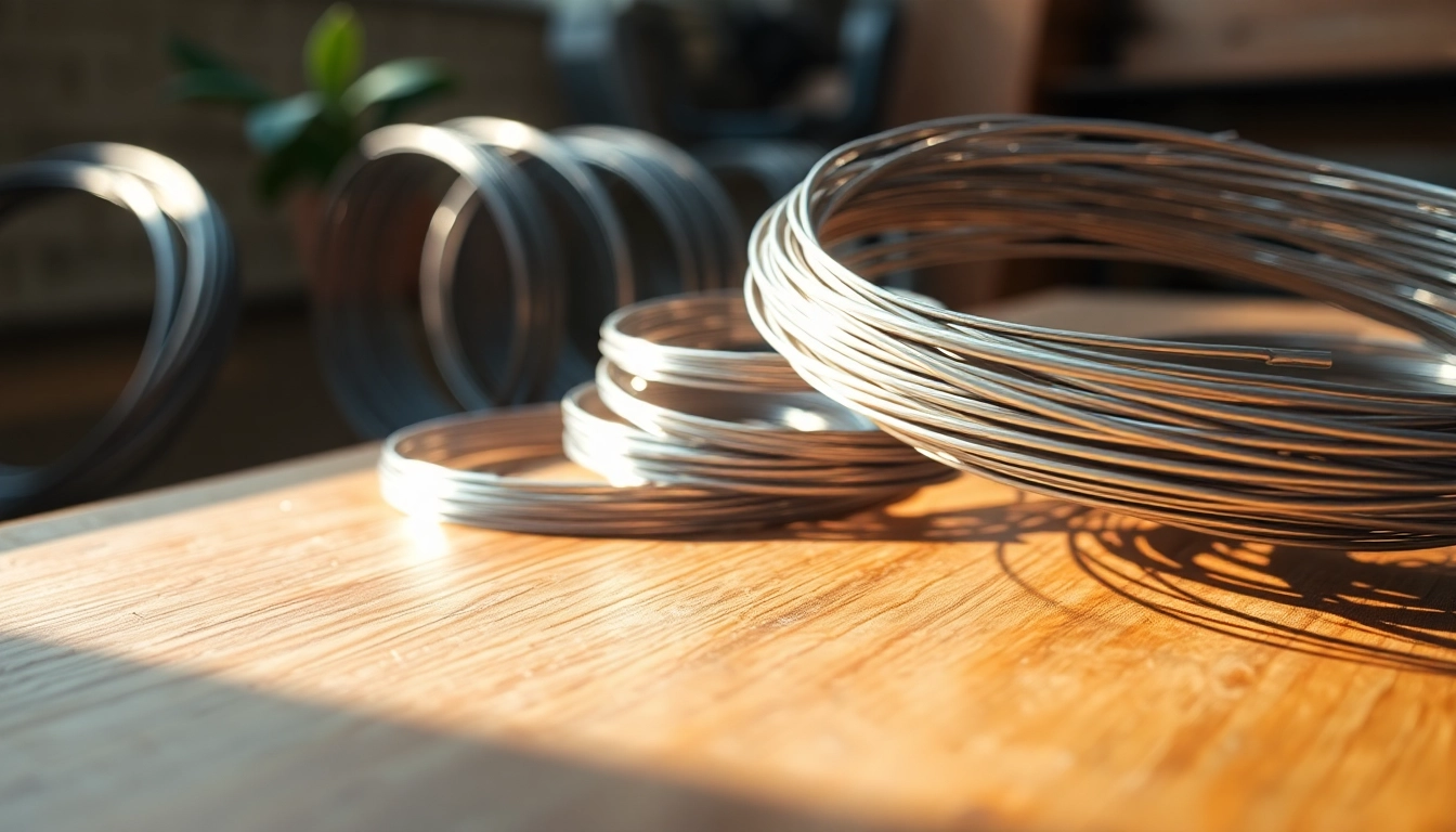 Evaluate different types of stainless steel wire arranged on a wooden surface, highlighting their gleaming textures and rigidity.