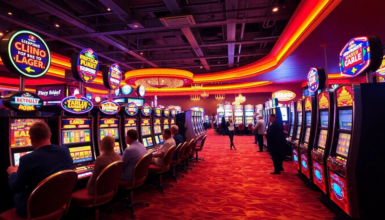 Crowd in a lively casino earning money while playing various games like slots and blackjack.