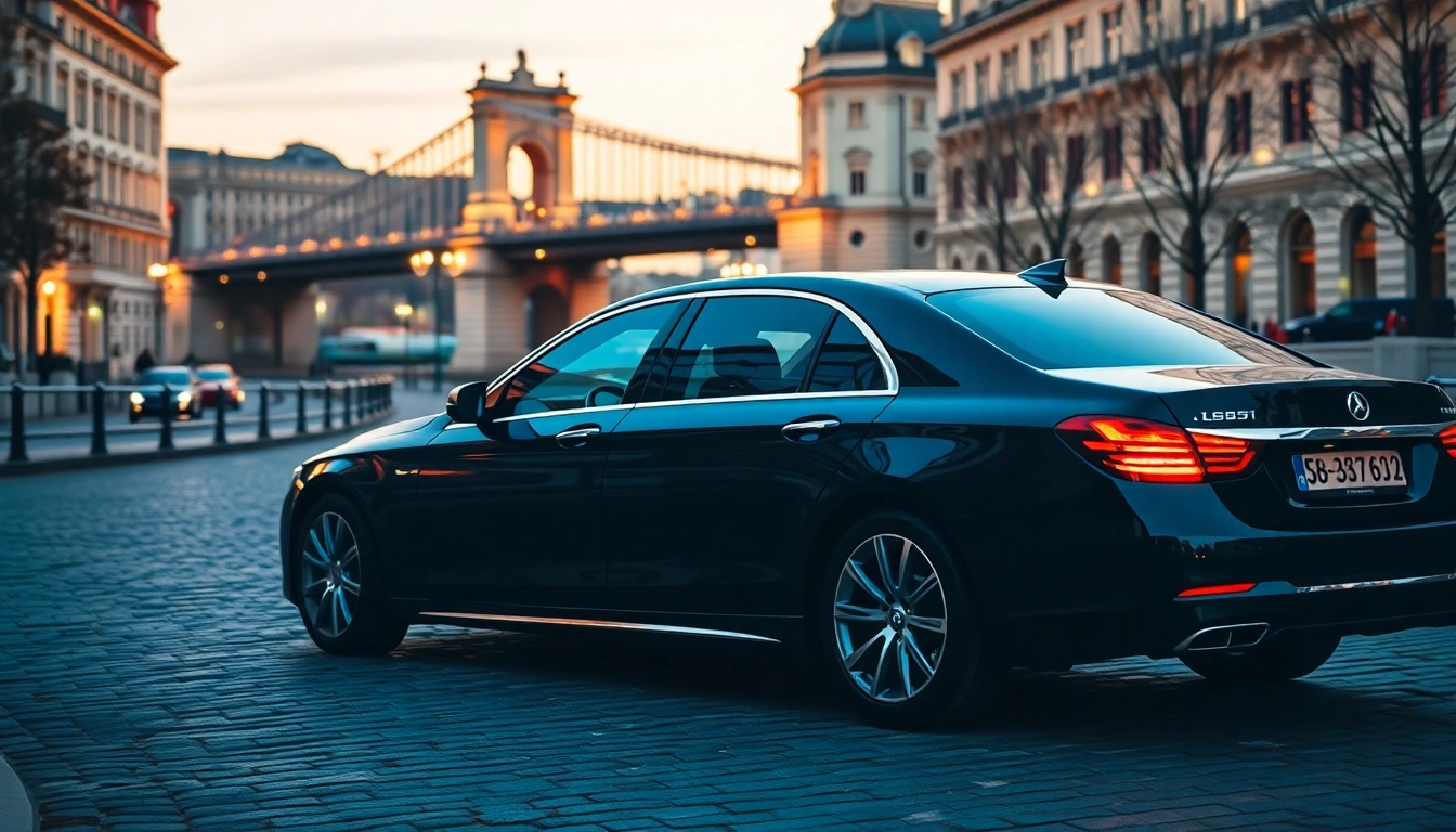 Experience luxury private car service Budapest with our elegant black sedan against the stunning backdrop of the city.