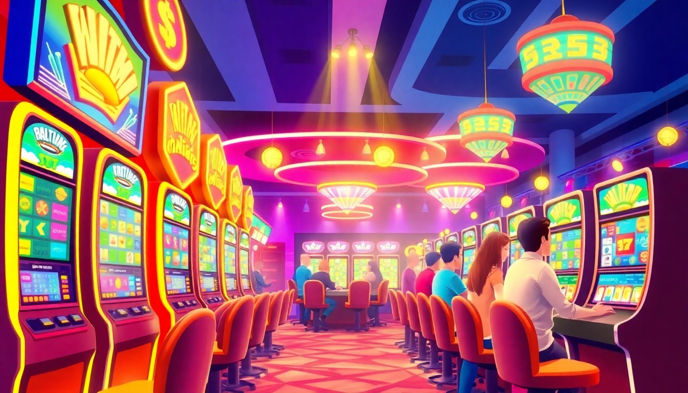 Engage in thrilling slot online games at a lively casino with colorful machines and animated players.