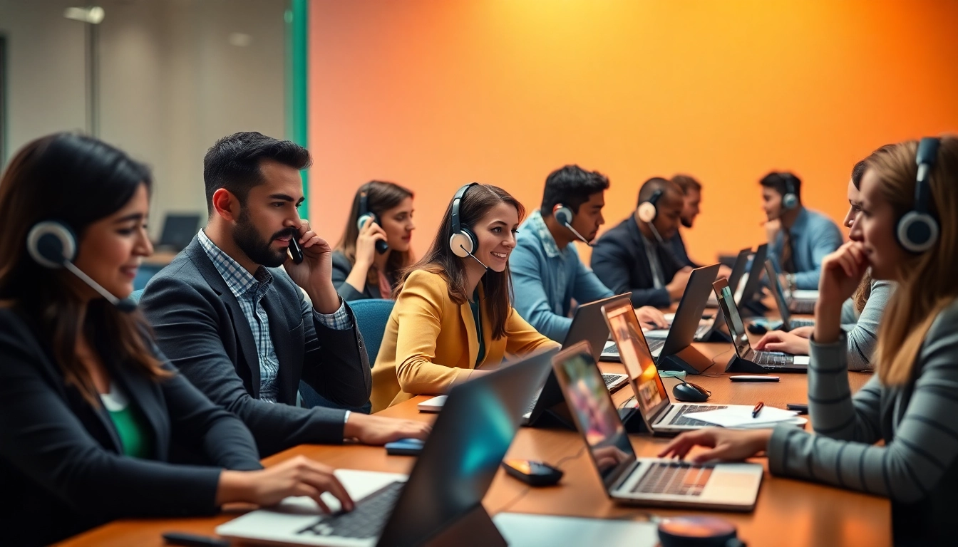 Wholesale real estate cold callers actively engaging in energetic phone conversations at workstations.