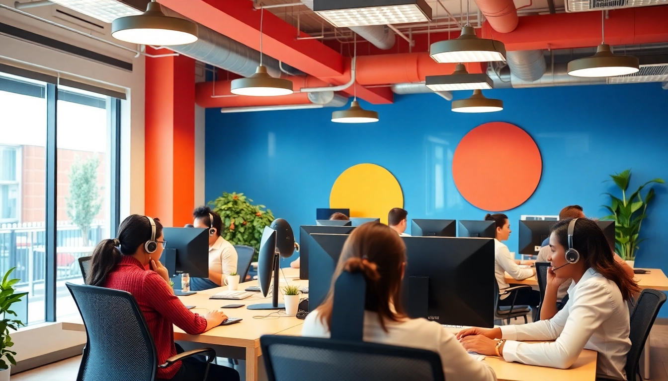 Agents collaborating in a vibrant call center in Tijuana, emphasizing teamwork and communication.