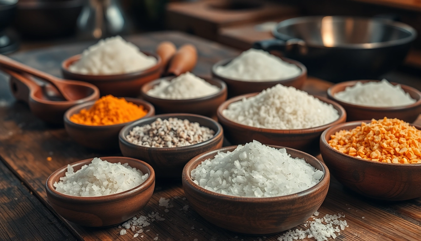 Salting different types of salts in artisanal bowls on a rustic wooden table for culinary preparation.