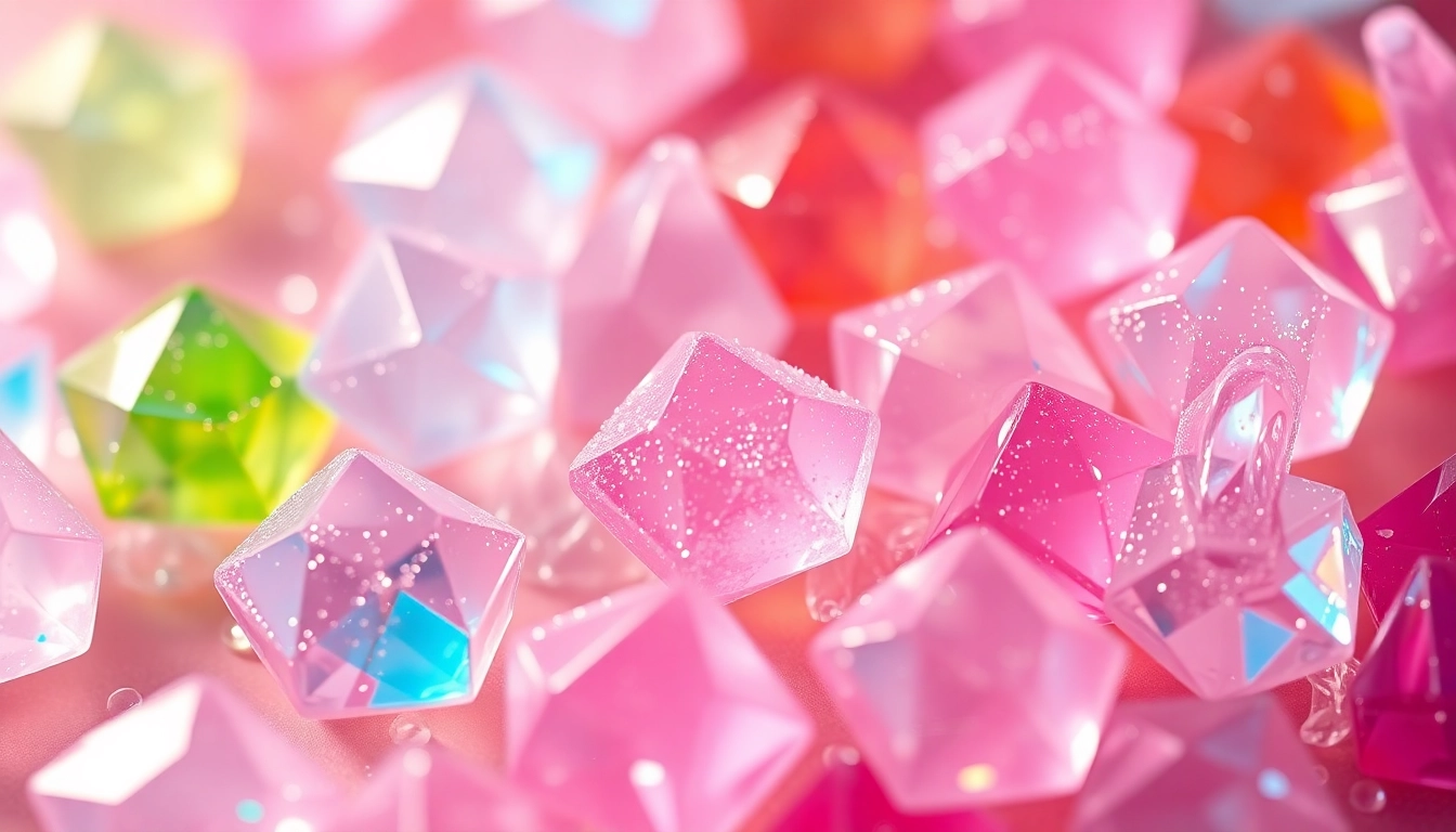 Indulge in exquisite crystal candy shaped like gems, glistening with vibrant colors.