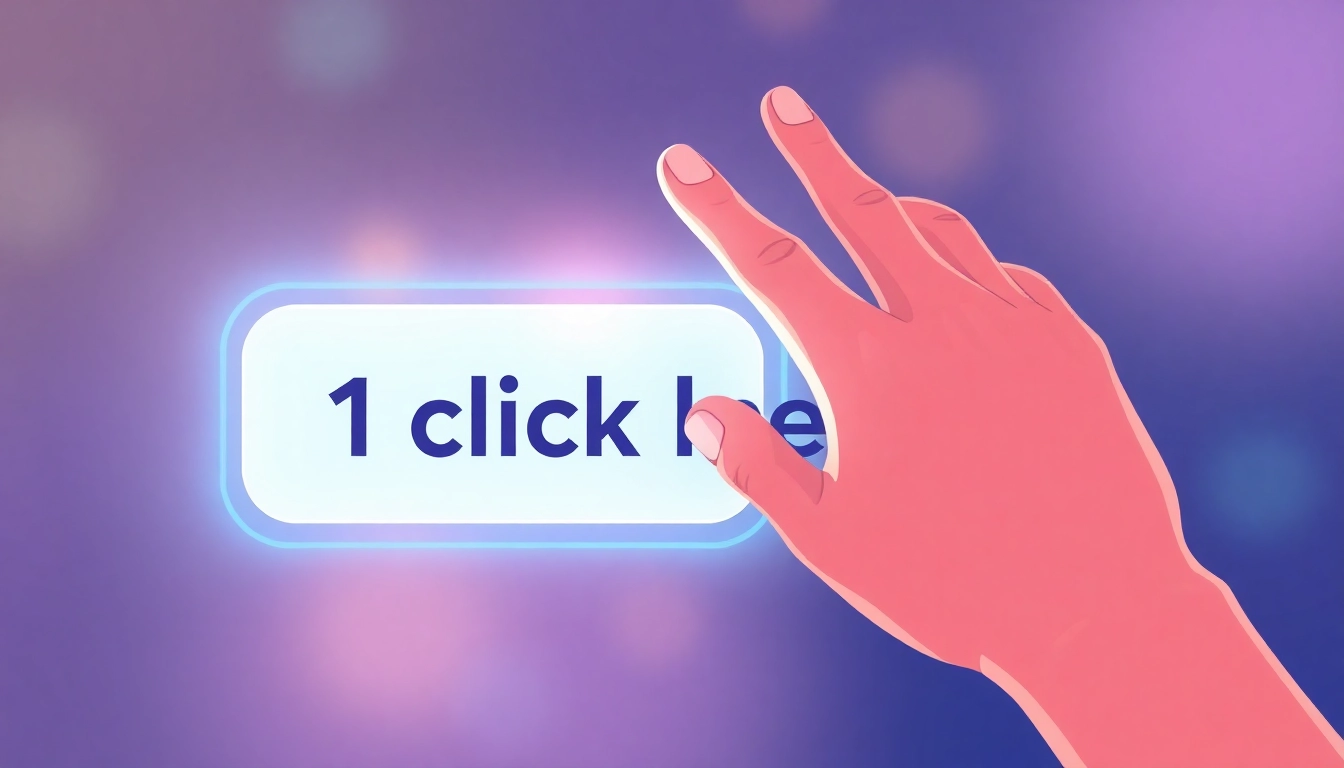 Engage with the '1click here' feature through a vibrant digital button illustration.