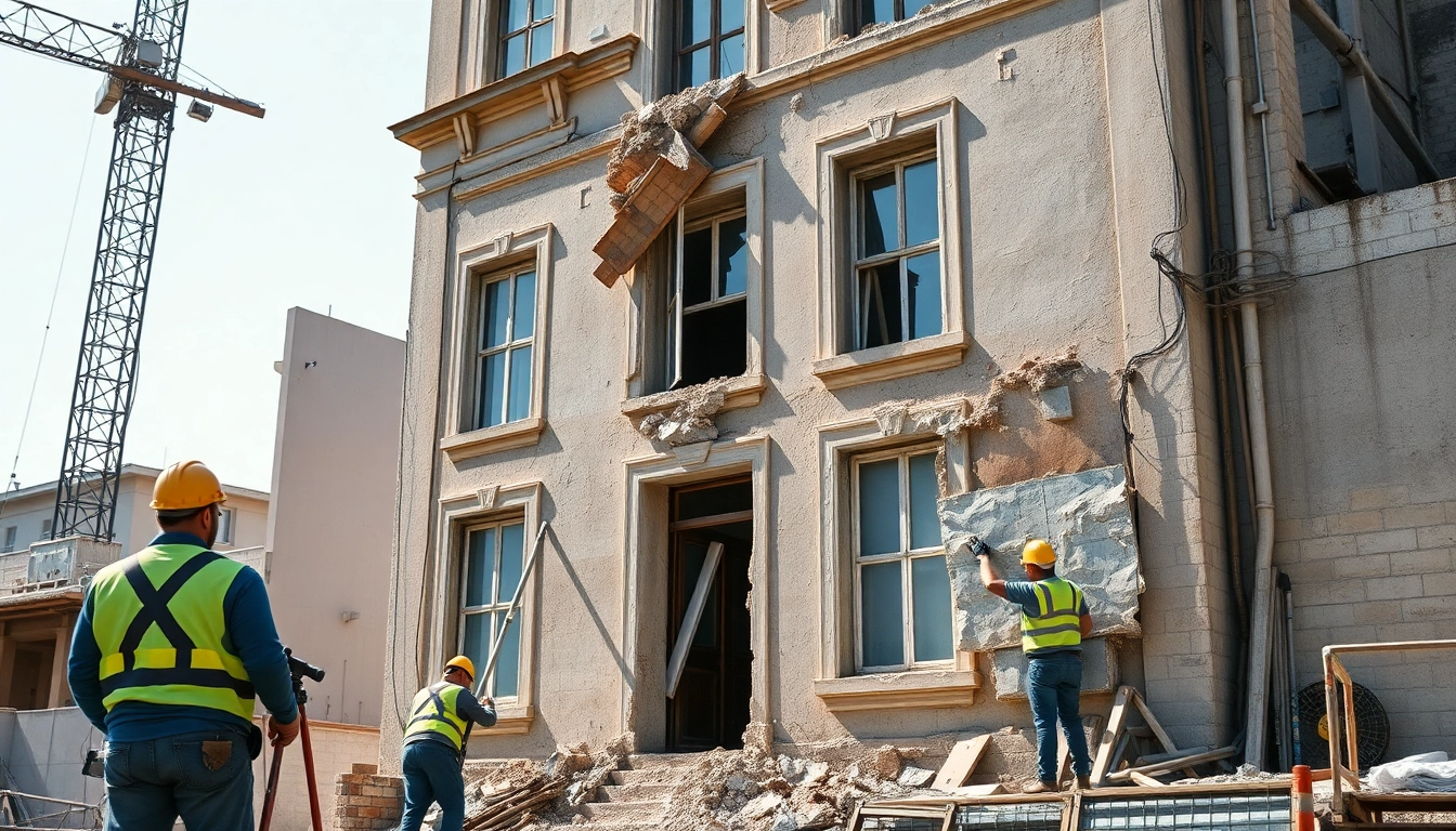 Workers performing facade removal on a building, showcasing tools and effort in the process.