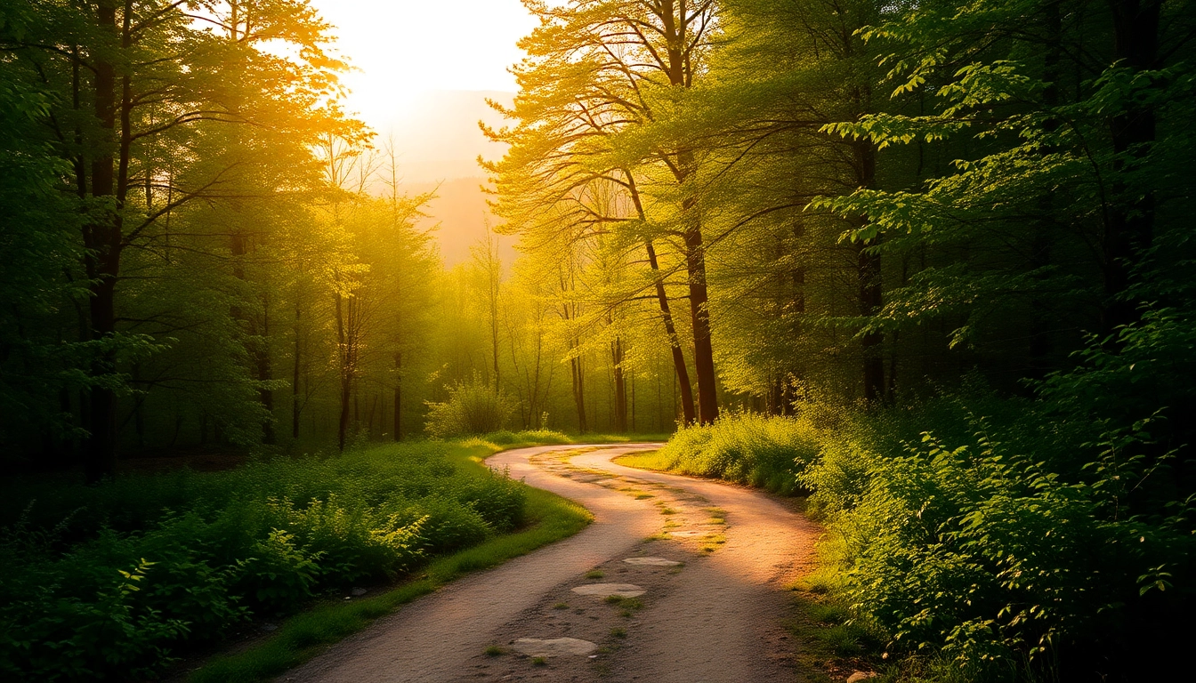 Experience tranquility in nature's beauty here, showcasing a serene forest path illuminated by golden sunlight.