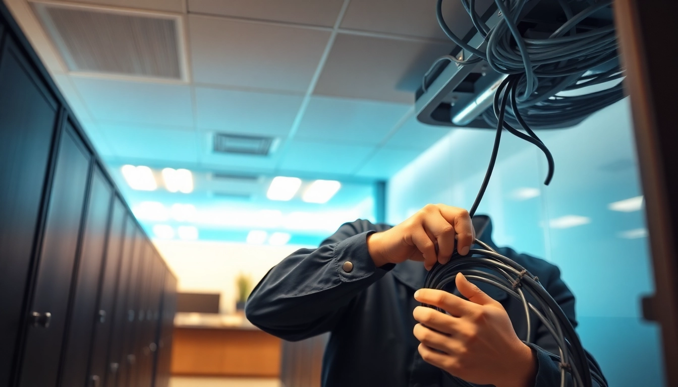 Data Cable Installation service demonstration showcasing a technician organizing cable installations in a workspace.