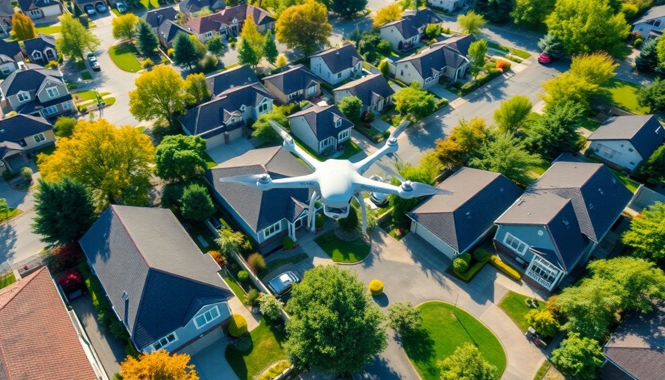 Showcasing drone photography for real estate agents featuring stunning aerial view of homes in a lively neighborhood.