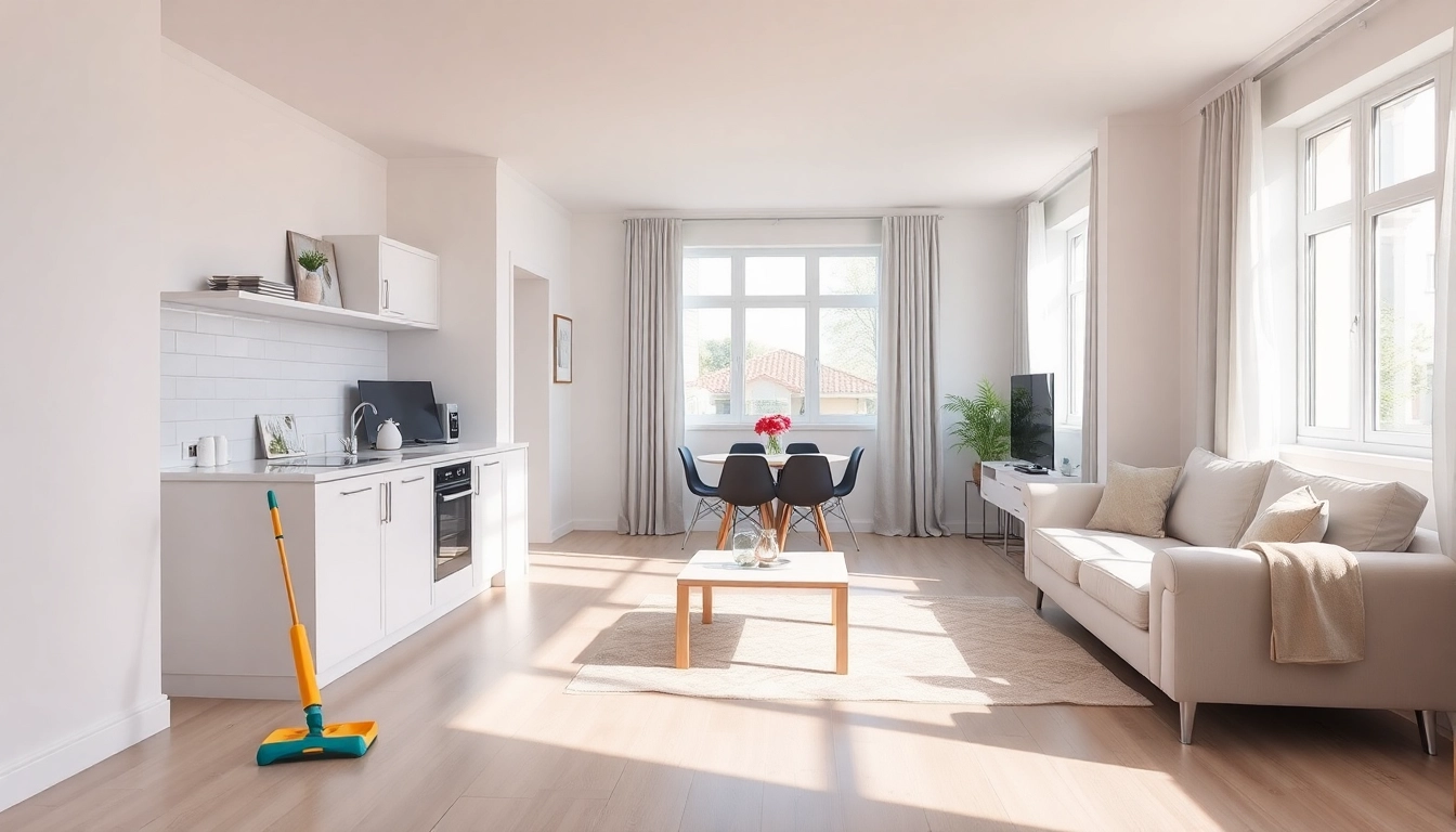 Bond cleaning Brisbane showcasing a spotless kitchen and living room in bright sunlight, emphasizing cleanliness and freshness.