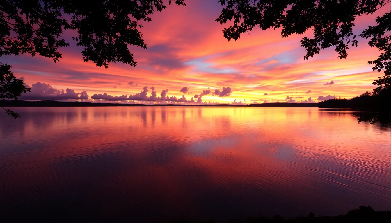 Capture the tranquility of nature: Here at a serene lakeside sunset with vibrant reflections.