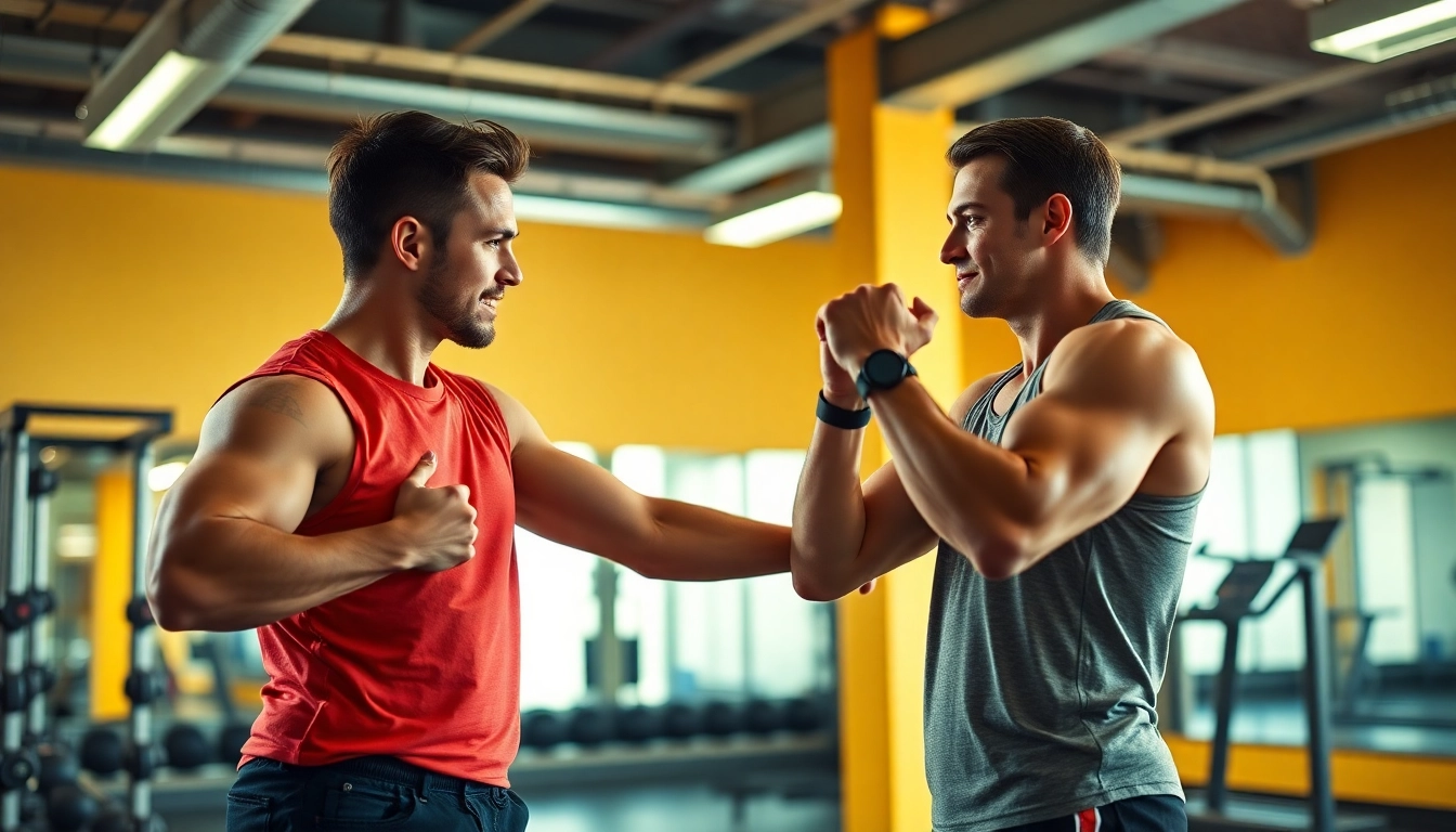 Effective Personal Trainer guiding a client through an intense workout session in a bright gym.