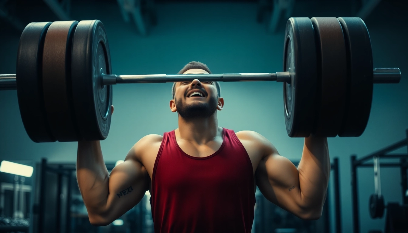 Weightlifting athlete executing a clean and jerk in a vibrant gym setting, showcasing strength and focus.