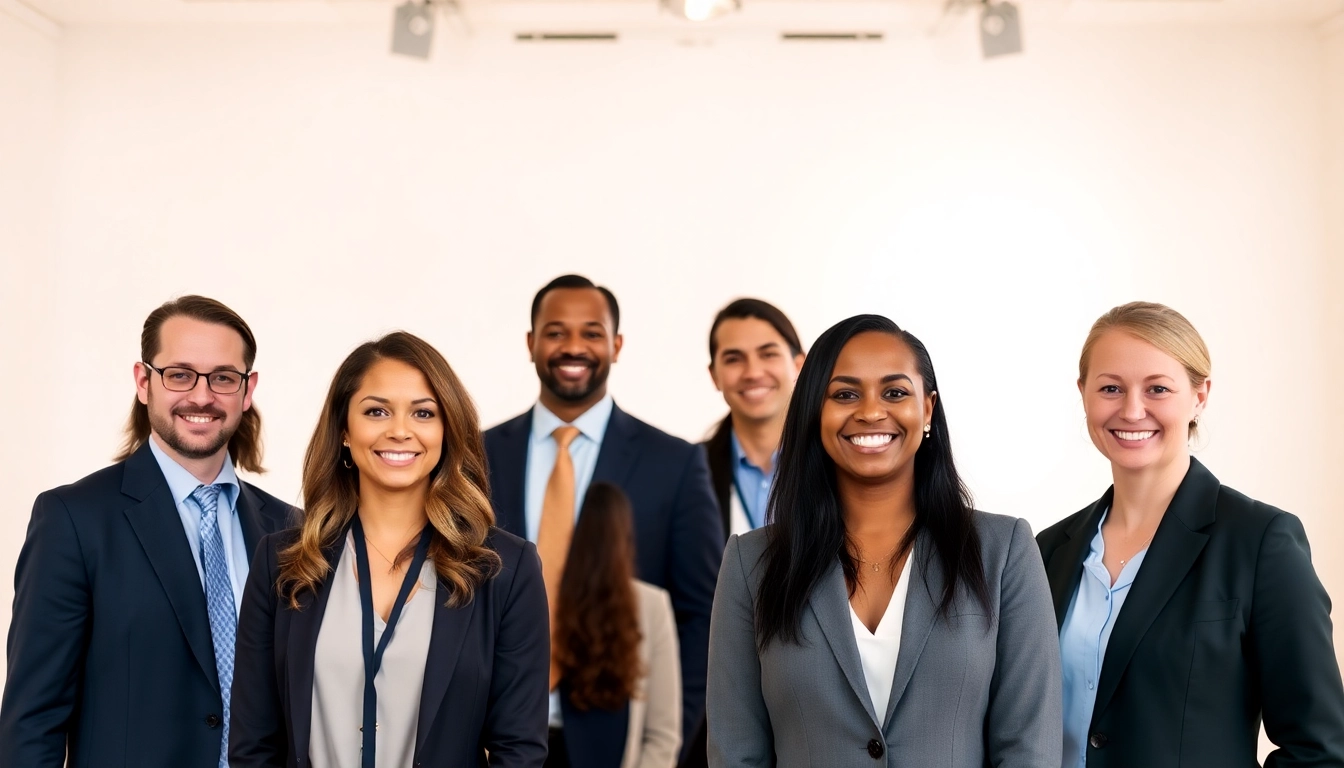 Professional company headshots showcasing diverse professionals in a bright studio setting.