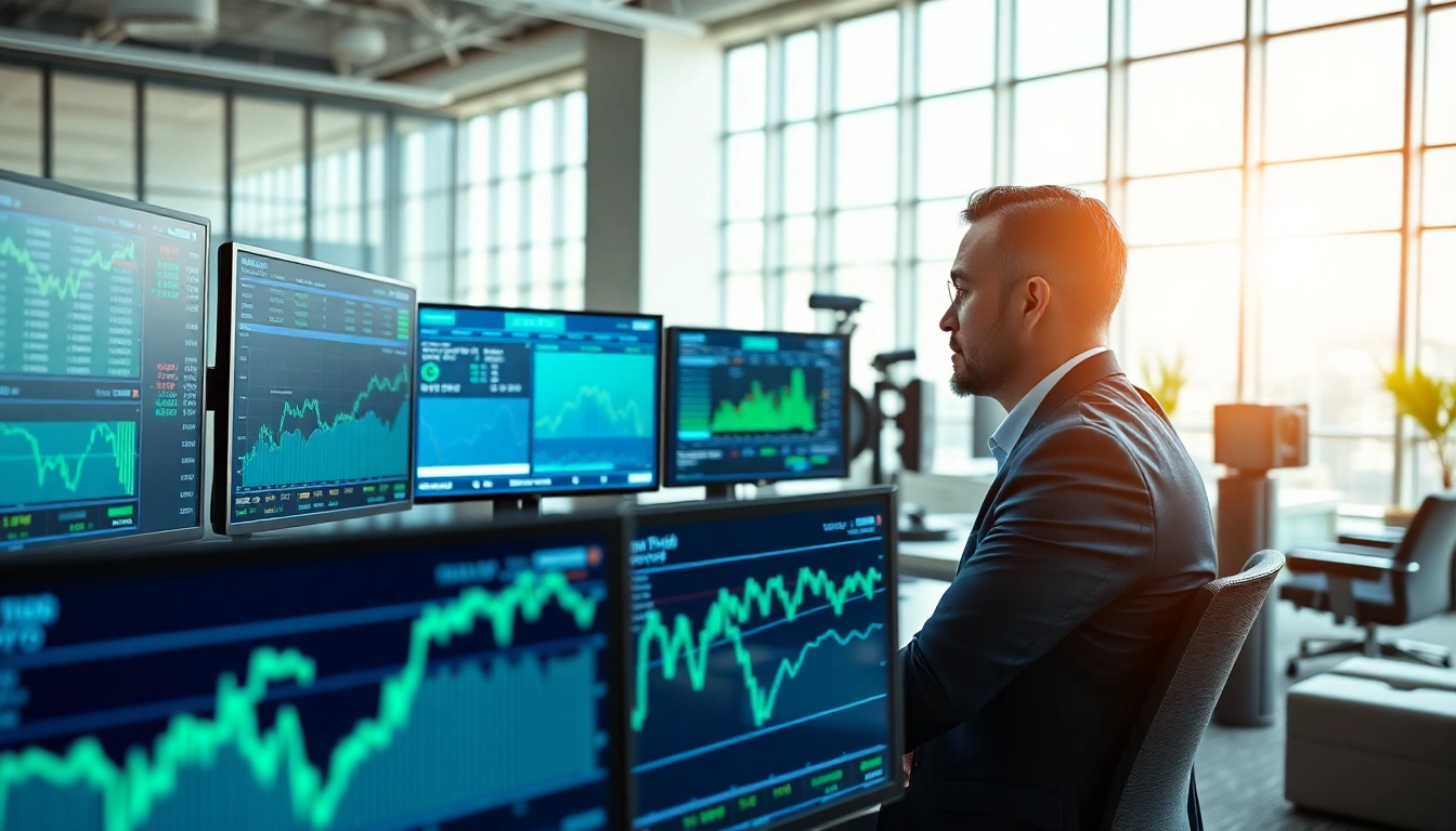 Engaging professional reviewing trade futures data on screens in a modern trading office.