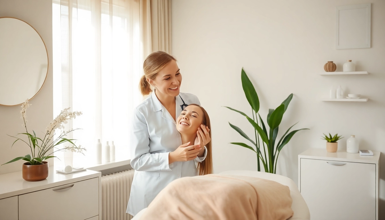 Patient receiving information about the Fett-weg Spritze treatment in a modern clinic setting.