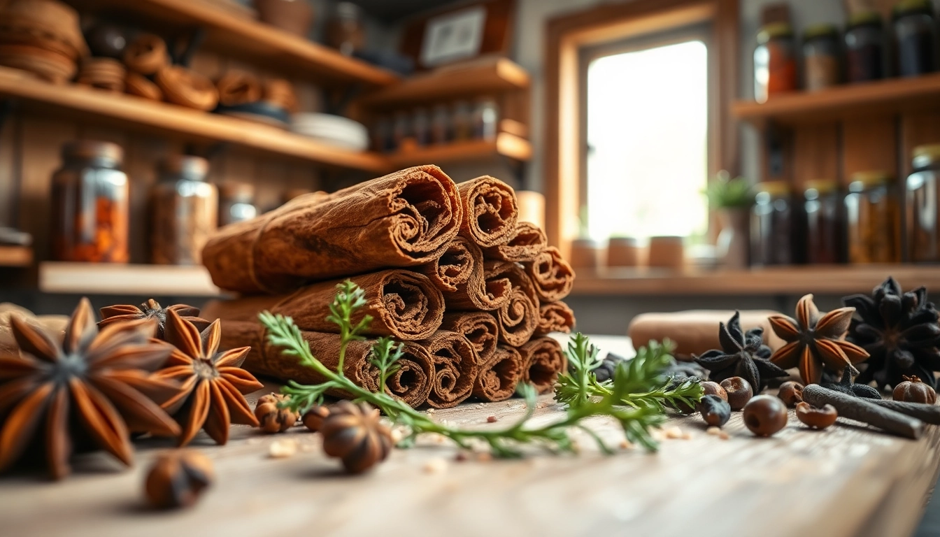 Cinnamon Bark showcased in a rustic kitchen, surrounded by spices for a warm atmosphere.
