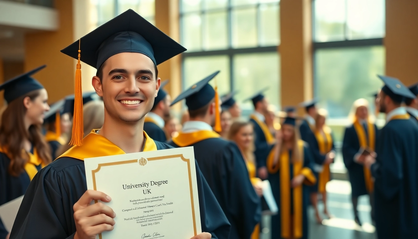 Showcasing an original university degree UK held by a proud graduate in a celebratory university environment.
