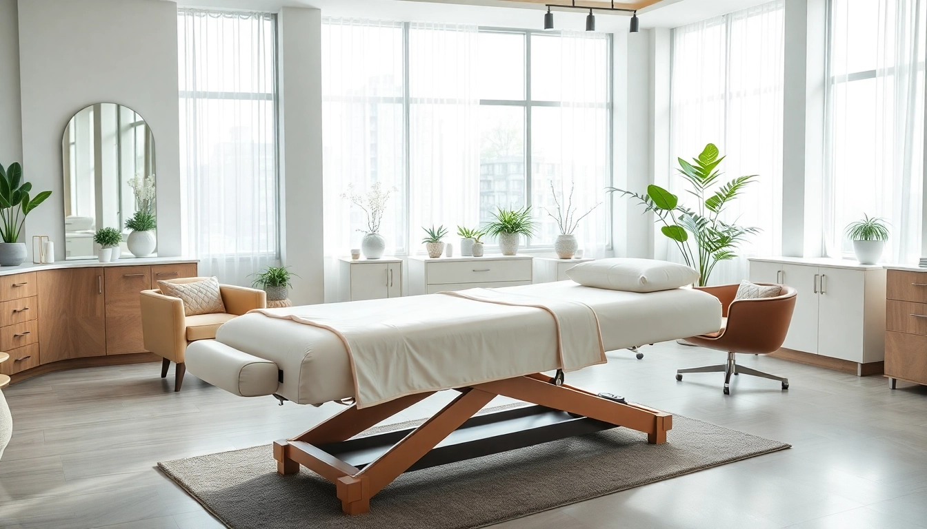 Gestalte dein kosmetikstudio Einrichtung mit einer eleganten Massageliege und stilvollem Ambiente.
