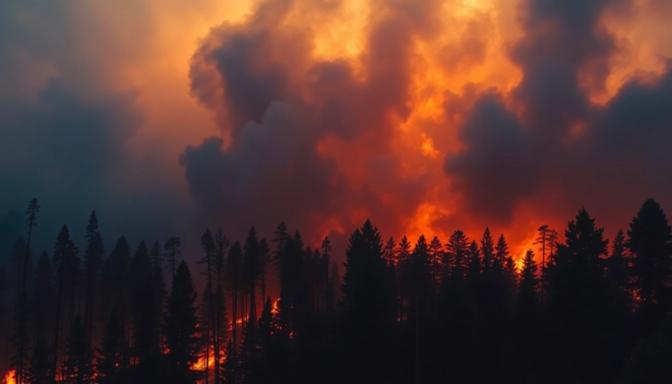 Illustration of wildfire events highlighting intense flames engulfing trees with smoke in the background