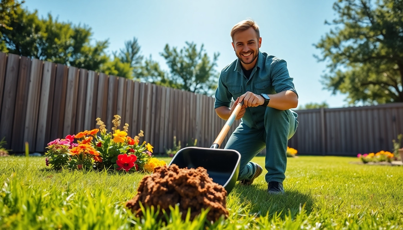 Offering affordable pooper scooper service San Antonio with a smiling technician in a sunny backyard.