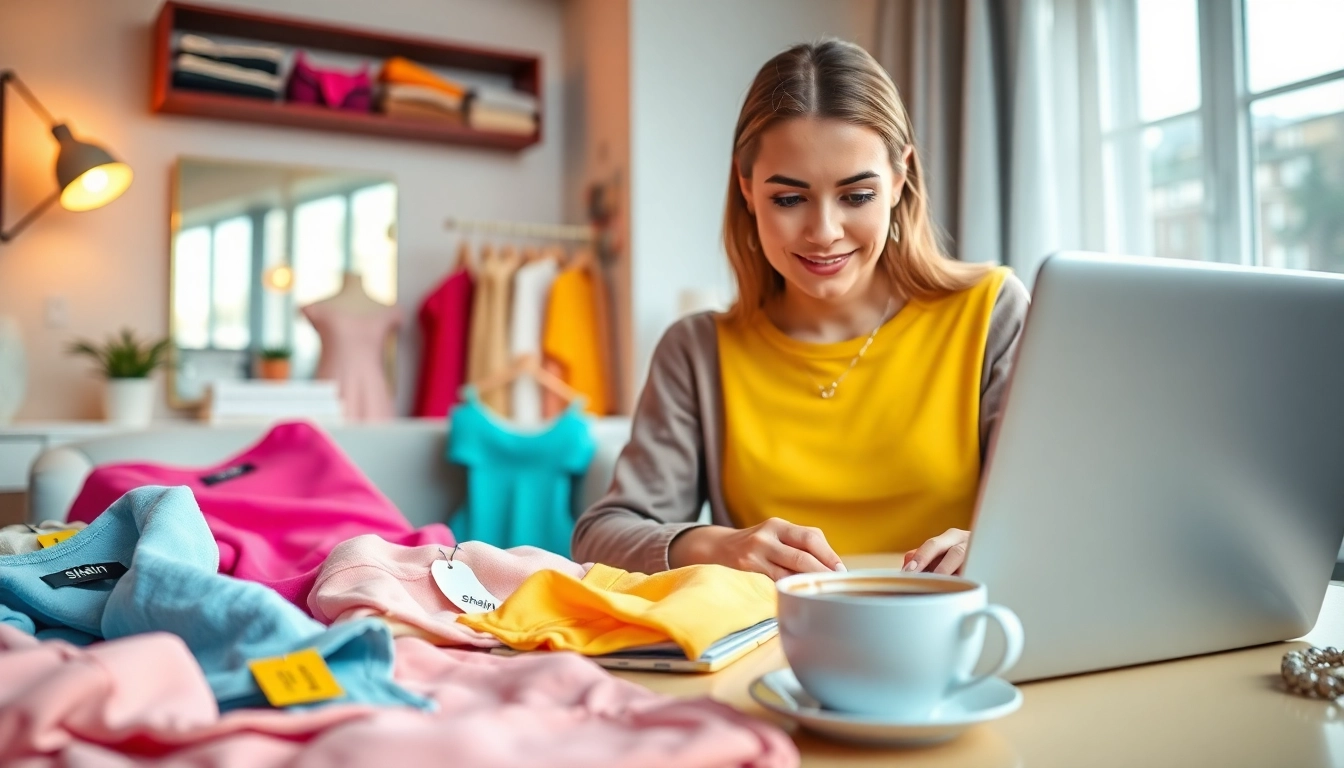 Product reviewer for Shein showcases vibrant clothing items in a stylish home office setting.