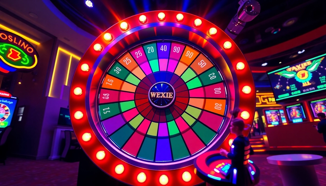 Catch the excitement of crazy time live with a colorful spinning wheel in a vibrant casino setting.