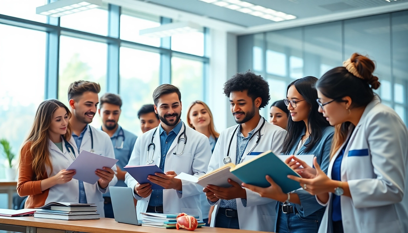 Medizinstudium ohne NC: Studierende diskutieren intensiv in modernem Klassenraum.