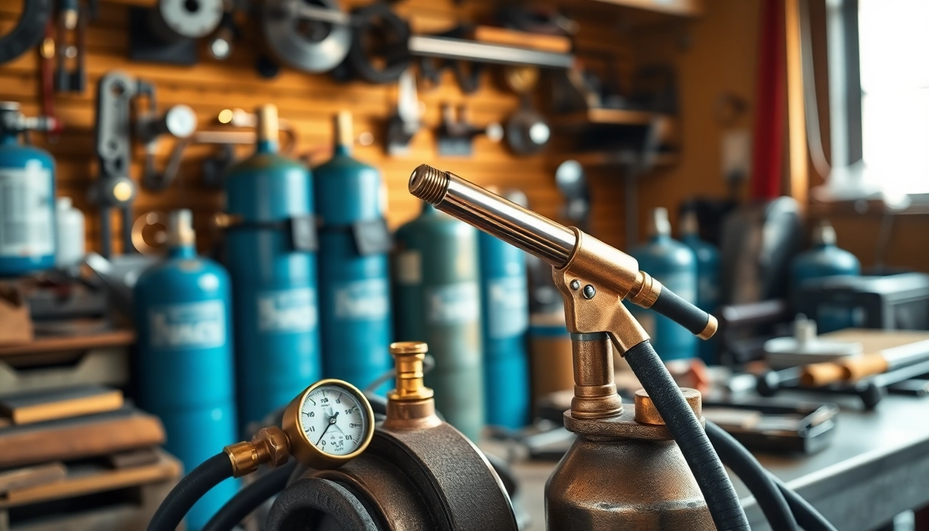 Explore a professional oxy acetylene welding kit prominently featured in a bright workshop.