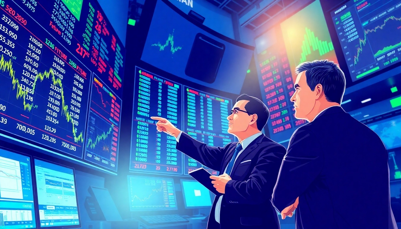 Traders analyzing trade futures in a dynamic stock market trading floor setting.