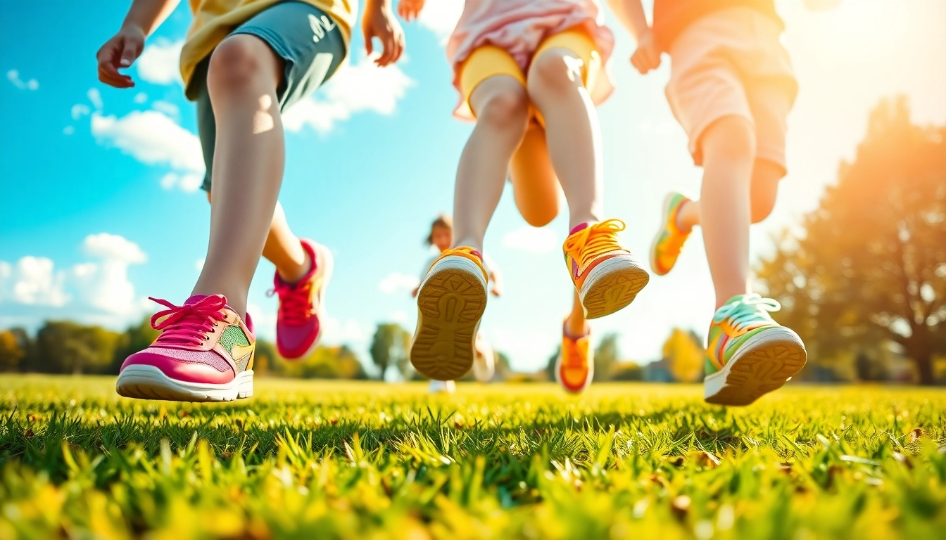 Aktive Kinder tragen atmungsaktive Kinderschuhe während sie draußen spielen.