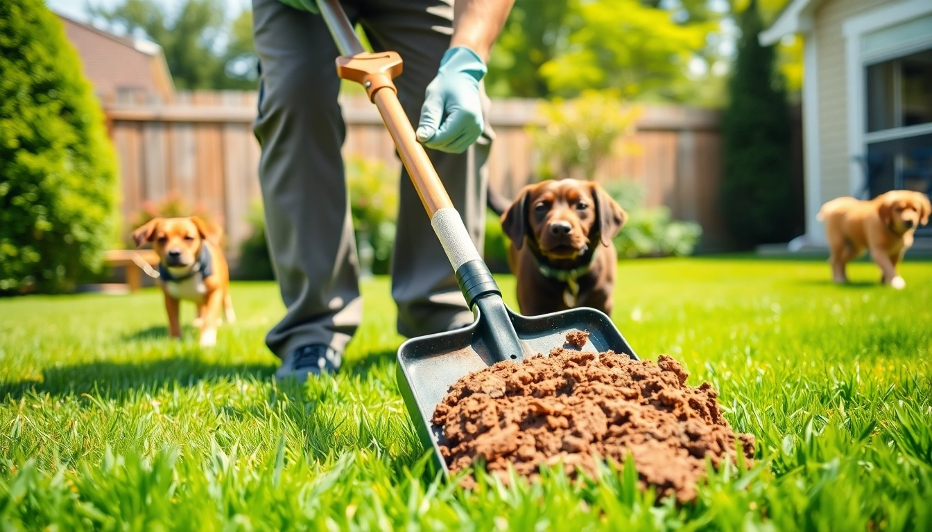 Dog poop cleaning service technician expertly scooping pet waste in a sunny backyard, ensuring a clean environment.