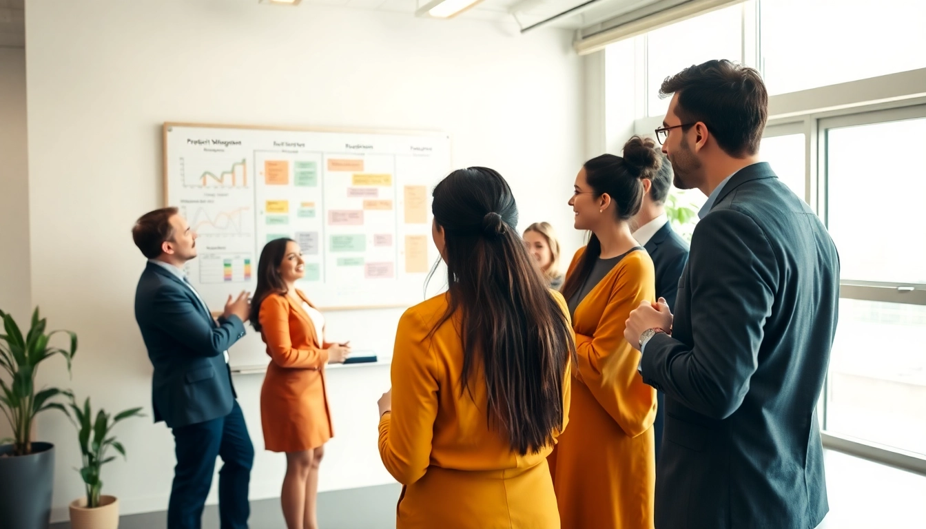 Team dynamics illustrated with project management certification discussions around a bright office setting.