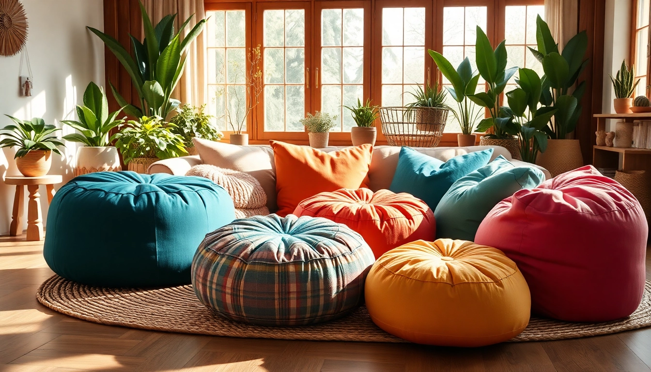 Cactus silk Poufs beautifully arranged in a bohemian-style living space, exuding warmth and style.