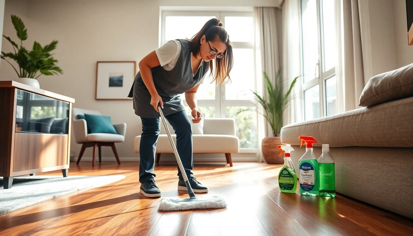 Performing bond cleaning Brisbane, a cleaner efficiently scrubs floors in a sunny apartment.