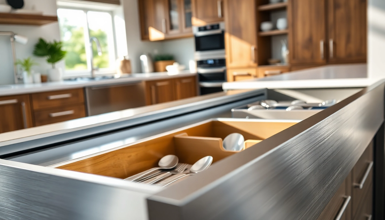 Showcase of a functioning metal drawer system, highlighting its design and utility in a modern kitchen.