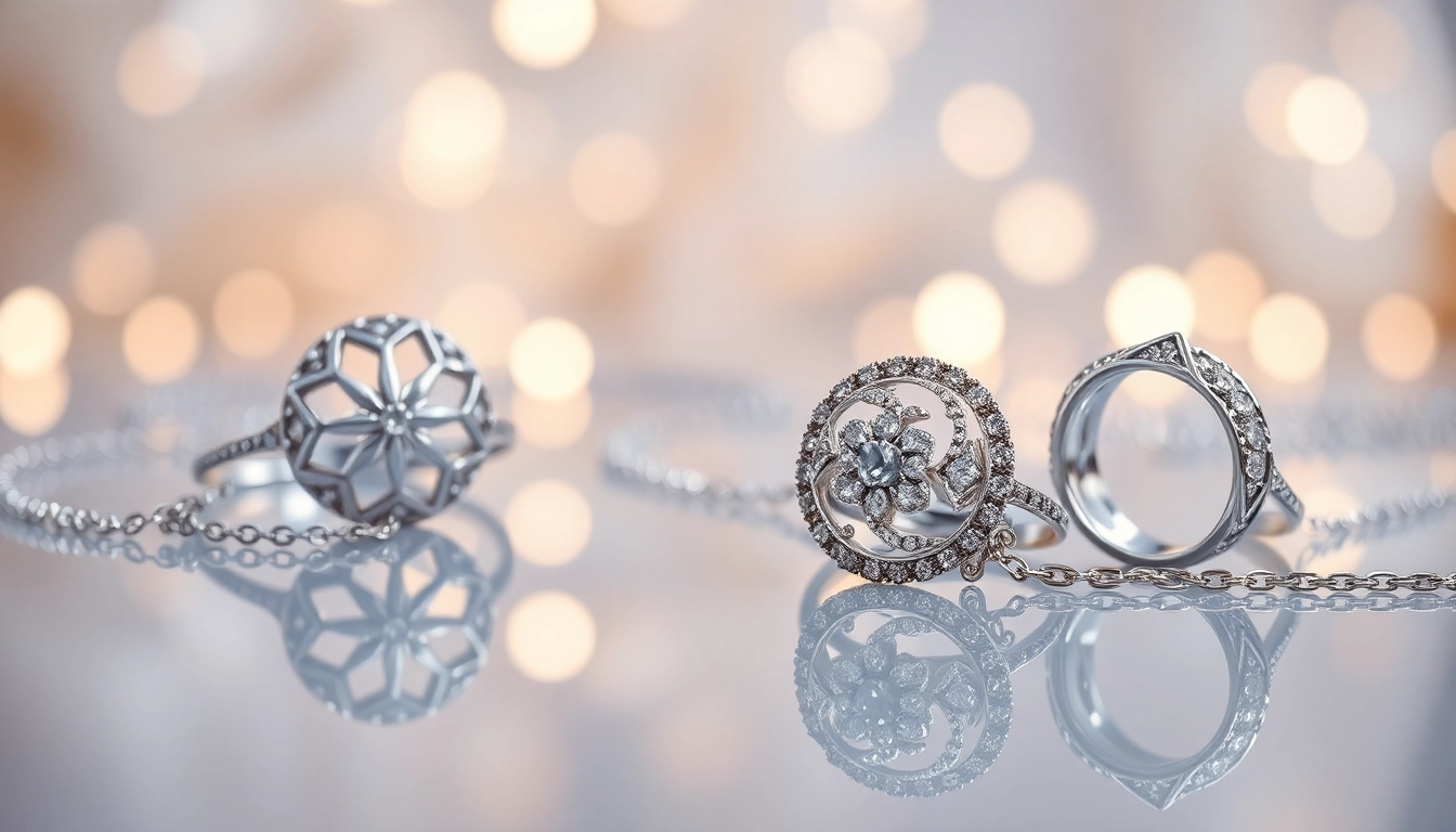 Showcase of exquisite silver jewelry displaying artisanal rings and necklaces on a reflective surface.