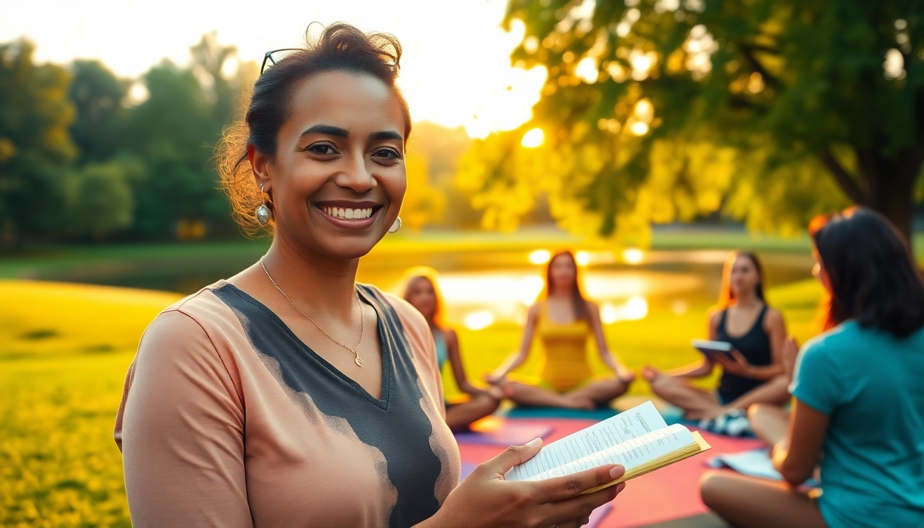 Group meditation and techniques for dealing with stress in a peaceful park setting.