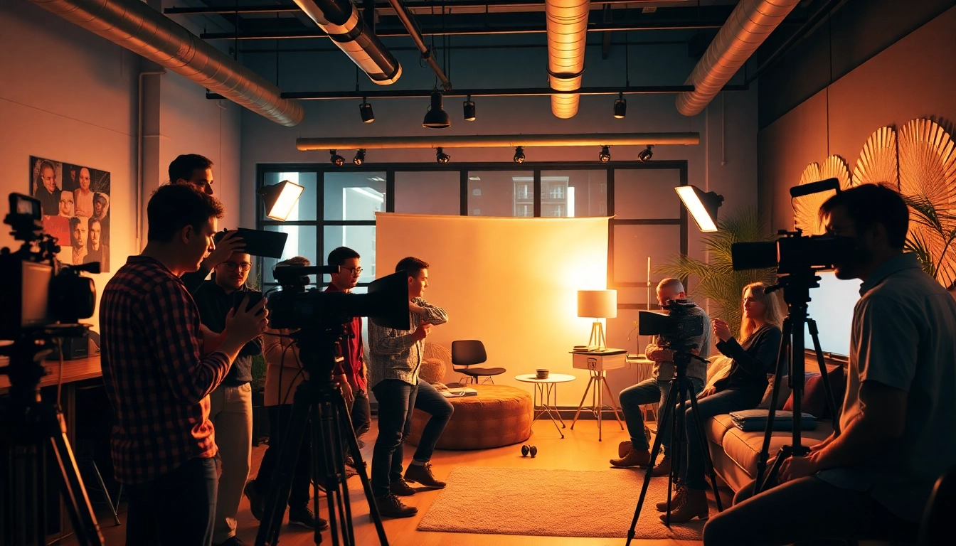 Creative brainstorming session in 영상프로덕션 showcasing team collaboration and film equipment.