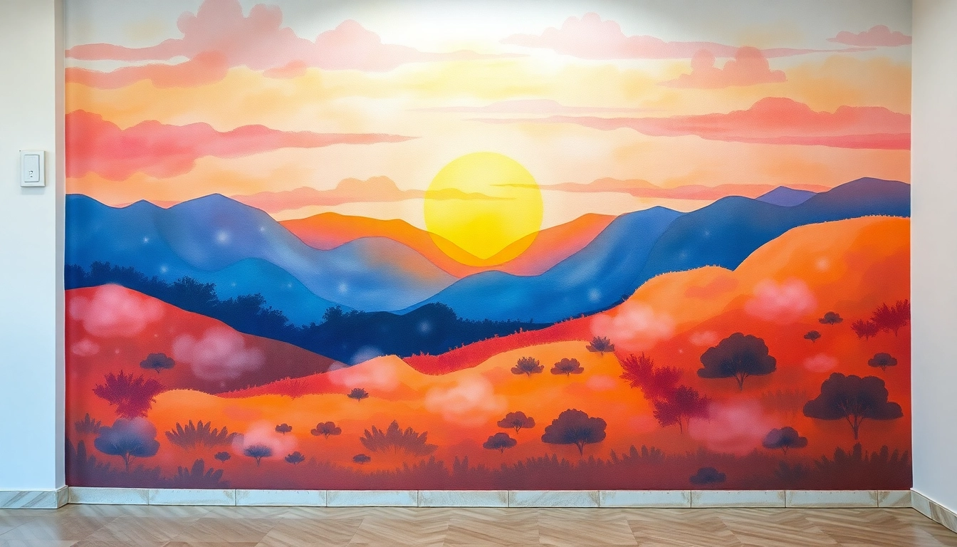 Mural showcasing a serene landscape at sunrise, enhancing wall aesthetics and ambiance.