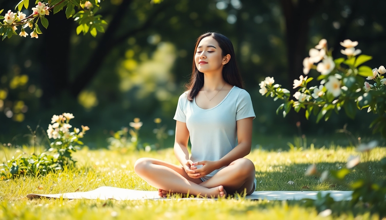 Practicing mindfulness and yoga while dealing with stress in a serene outdoor setting.