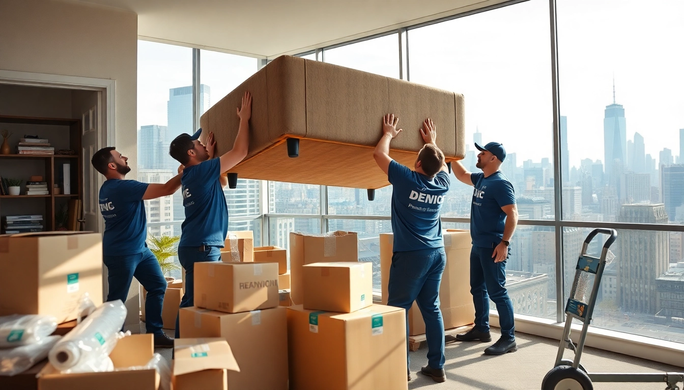 Movers nyc team transporting a couch into a New York City apartment, showcasing teamwork and urban energy.
