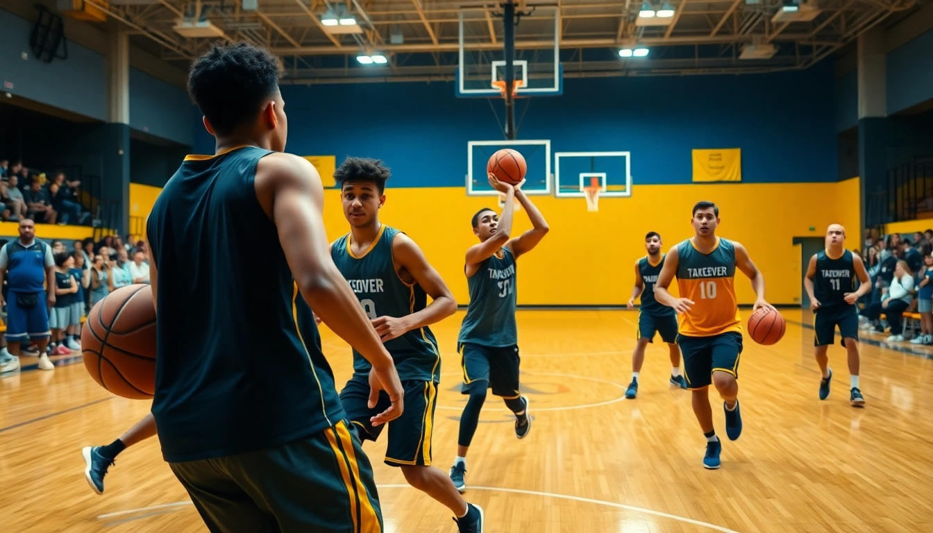 Engaged athletes practicing basketball skills at Takeover Basketball Academy during a high-energy training session.