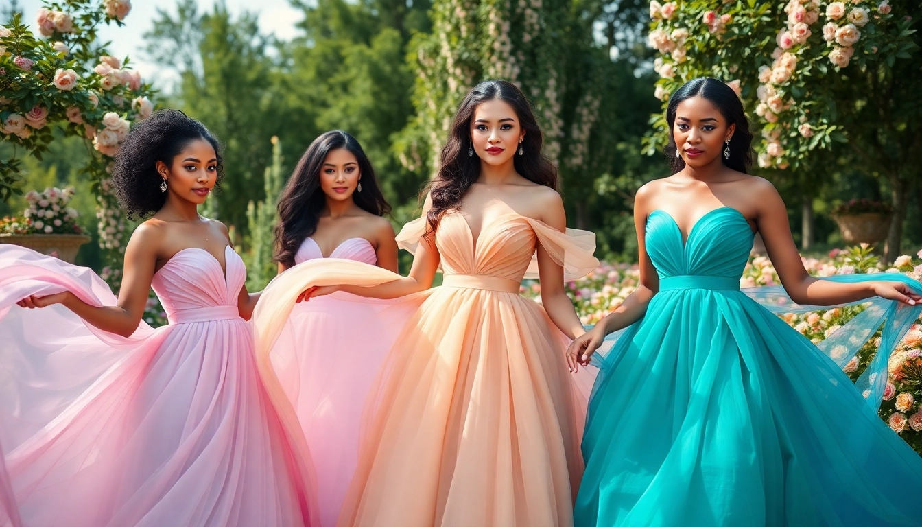 Brides wearing vibrant coloured wedding dresses in a romantic outdoor garden setting.