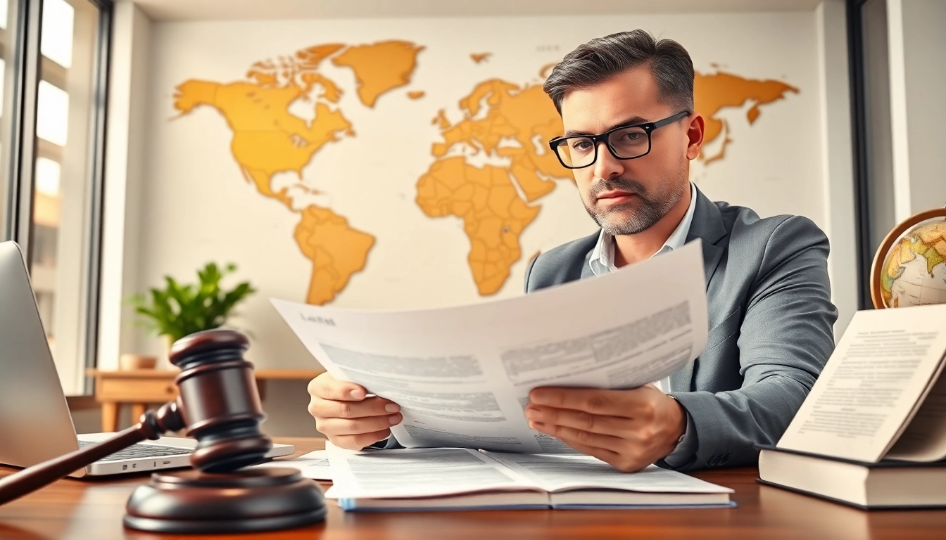 Legal advisor discussing trademark registration in India and US with documents and world map backdrop.