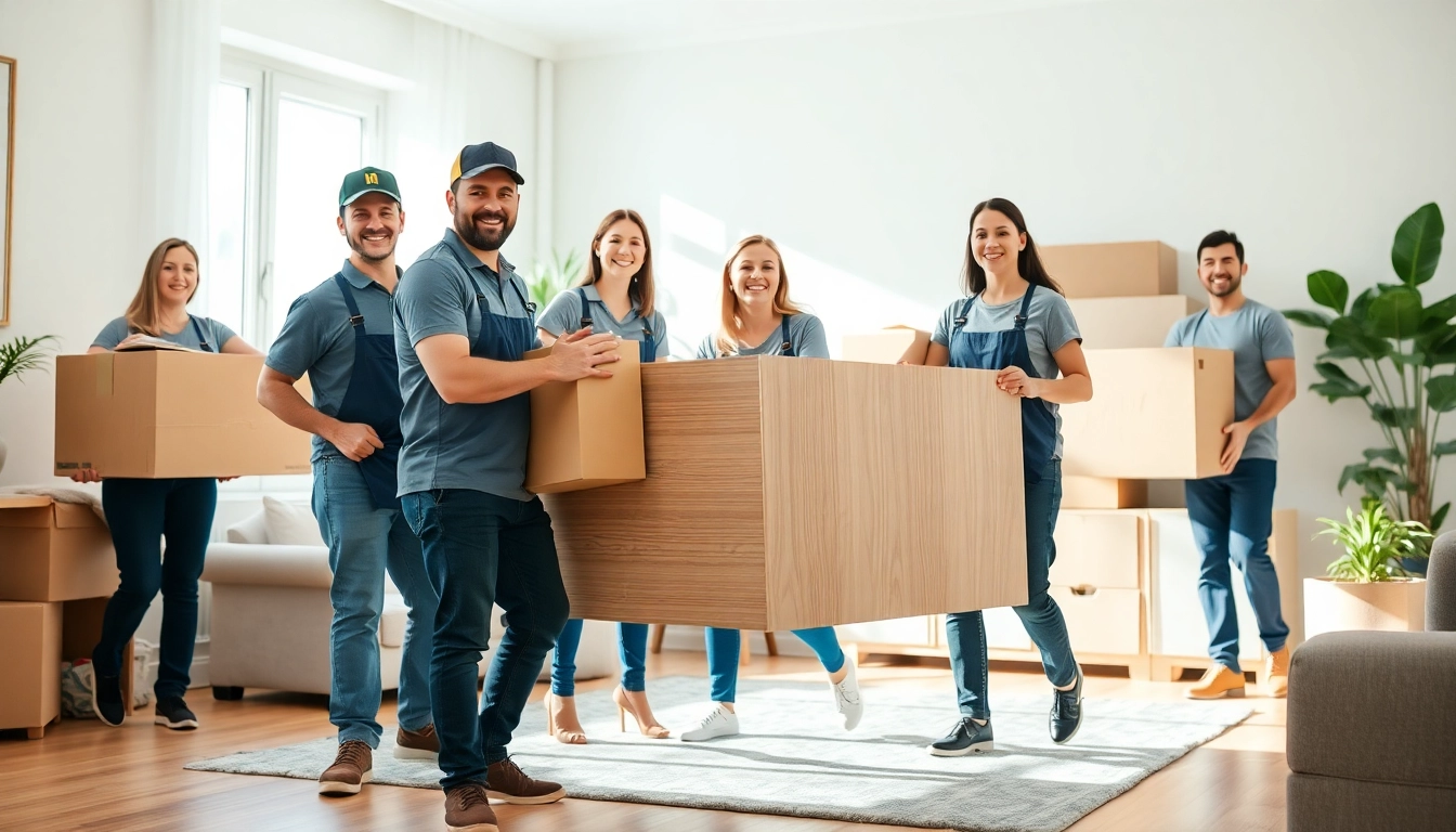Movers expertly handling house moves in a bright living room scene.