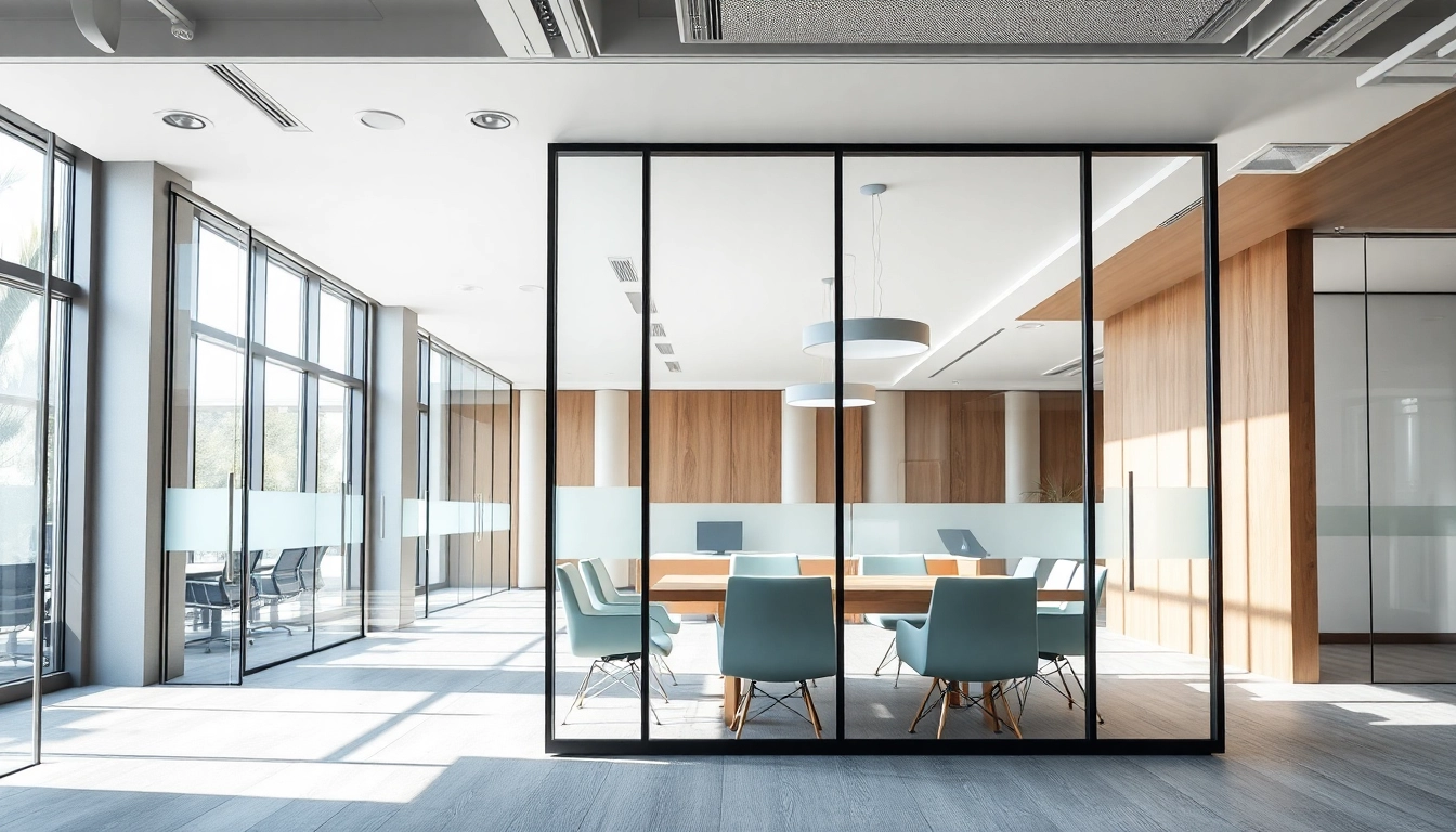 Showcasing movable glass partitions in a contemporary office, enhancing openness and style.